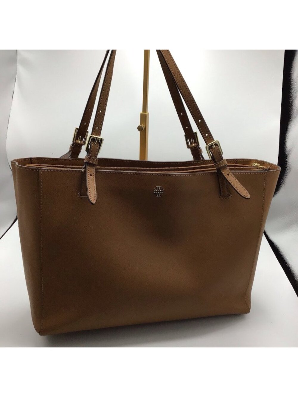 Tory Burch Brown Tan Large Tote Shoulder Bag Gold Tone Logo Zip Compartments